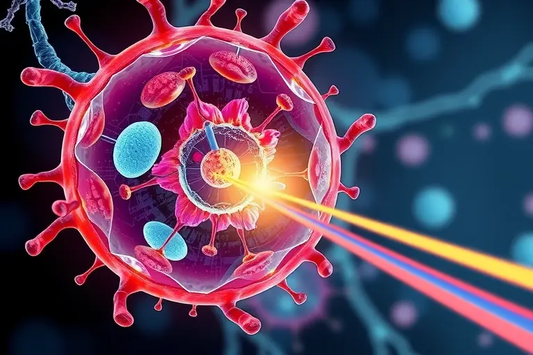 A high-quality scientific illustration showing a living cell with internal structures emitting coherent light, representing a bio-laser concept, with vibrant colors and detailed cellular components, suitable for medical and diagnostic applications