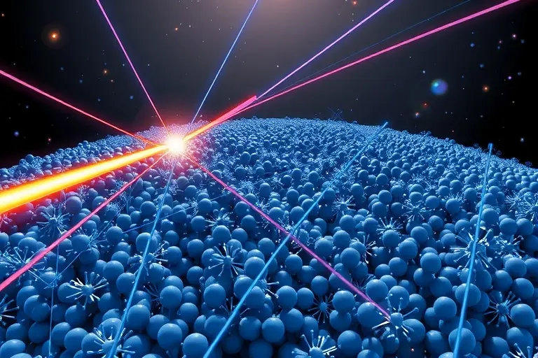A high-quality scientific illustration showing neutrino coherent elastic scattering on nuclei, with a neutrino beam interacting with a dense target of nuclei, visualized as gentle wave-like scattering without visible particles, emphasizing the subtle momentum transfer and nuclear recoil, rendered in a clear, educational style suitable for physics communication