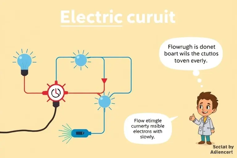 A clear, educational illustration showing an electric current flowing through a simple circuit with visible electrons moving slowly, a friendly cartoon scientist explaining concepts, bright colors, no text or numbers on the image, suitable for a general audience