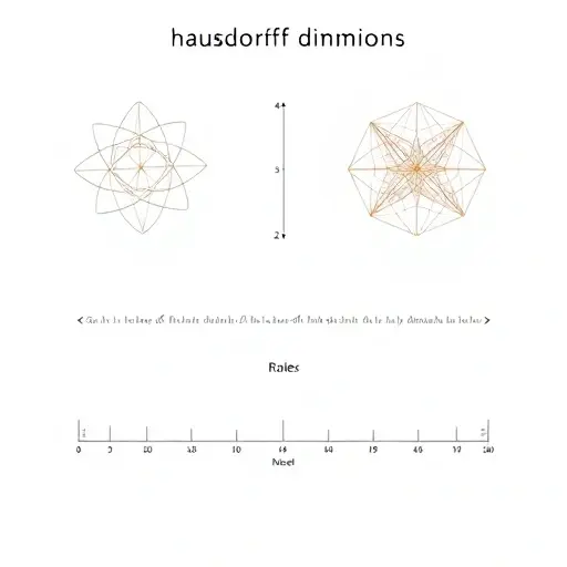 A minimalist mathematical illustration showing the concept of Hausdorff dimension, featuring abstract geometric shapes like fractal patterns, scaling rulers, and dimension scales, with clean lines and neutral colors, no text or numbers