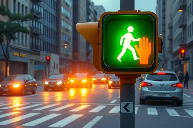 A detailed illustration of a pedestrian crossing signal with a glowing green walking figure icon and a red hand symbol, showing a city street with cars slowing down as photons appear to be gently decelerating around the crossing, rendered in high quality 768x512 resolution with clean lines and realistic lighting