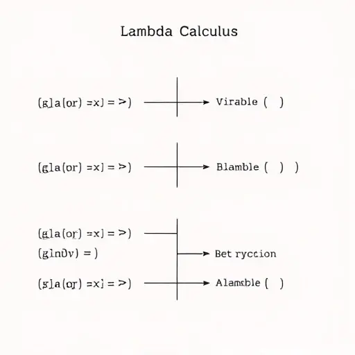A minimalist and abstract representation of lambda calculus syntax and reduction rules. Use geometric shapes and lines to depict lambda expressions, variables, abstractions, and applications. Show the process of beta reduction with arrows indicating the transformation from one expression to another. Use a clean and simple color palette to emphasize the logical flow and structure.