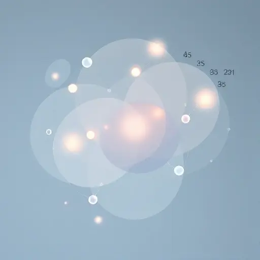 An abstract visualization of quasimultisets applied to quantum particles, showing overlapping fuzzy sets with probabilistic boundaries, quantum wavefunctions intertwined with multiset membership degrees, soft glowing particles in superposition states, rendered in a minimalist scientific illustration style with subtle gradients and translucent layers