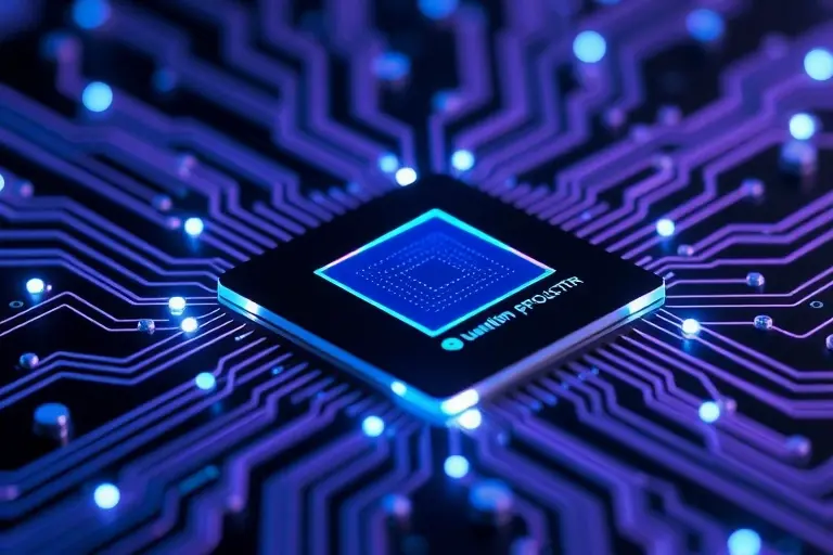 A futuristic close-up of a single-photon transistor chip integrated into a sleek, transparent light-based processor circuit. Glowing photons travel through microscopic waveguides, creating a network of blue and violet light paths on a dark silicon substrate. The scene highlights advanced nanotechnology with precise geometric structures, emitting soft luminescence to symbolize quantum computing. Clean, high-tech aesthetic with no text or labels.