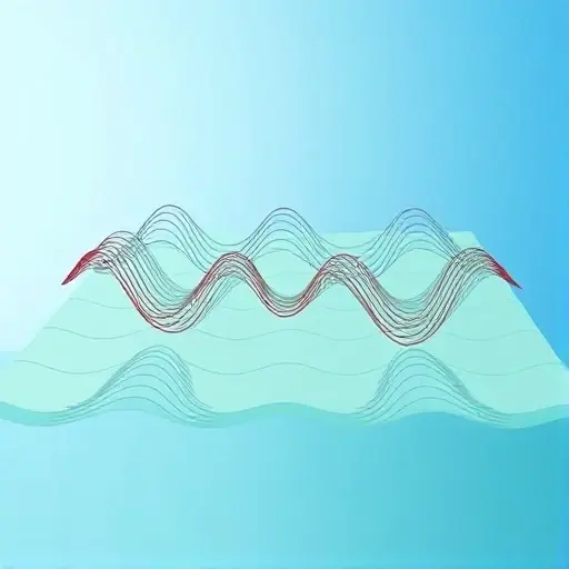 A visualization of the Korteweg-de Vries equation's effect on spatial wave propagation. Depict multiple waves propagating across a flat surface. The waves should exhibit varying wavelengths and amplitudes, demonstrating the dispersion effect. The background should be a gradient of blue to green, suggesting depth. Focus on the wave patterns and their interaction as they propagate.