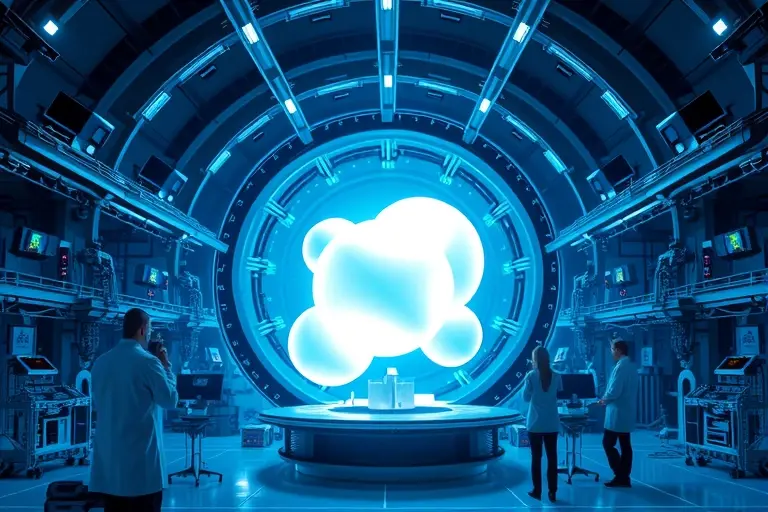 A futuristic laboratory scene showing a high-tech inertial confinement fusion facility, glowing plasma spheres inside a massive spherical chamber, scientists in sleek white lab coats observing monitors, intricate laser arrays directing beams into the chamber, bright neon blue and white lighting, ultra-detailed, high resolution, cinematic atmosphere