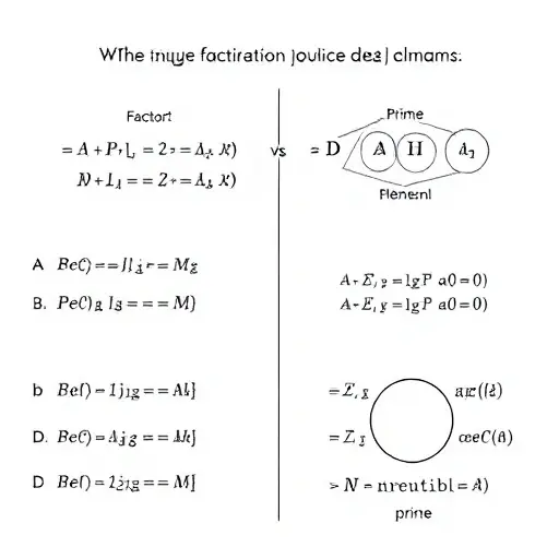 An abstract mathematical illustration showing the unique factorization property in principal ideal domains, with visual representations of irreducible and prime elements in a general ring, using symbolic algebraic structures like factor trees, ring diagrams, and contrasting labels for irreducible vs. prime elements, all in a clean, minimalist style suitable for educational content