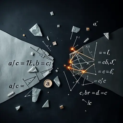 An abstract mathematical visualization representing the ABC conjecture and the division in the mathematical community, featuring fragmented equations and symbols (like a, b, c, and radical expressions) splitting apart like shattered glass, with faint glowing connections trying to bridge the gap, set against a dark, scholarly background with subtle textures resembling old paper and chalkboards, evoking tension and intellectual pursuit