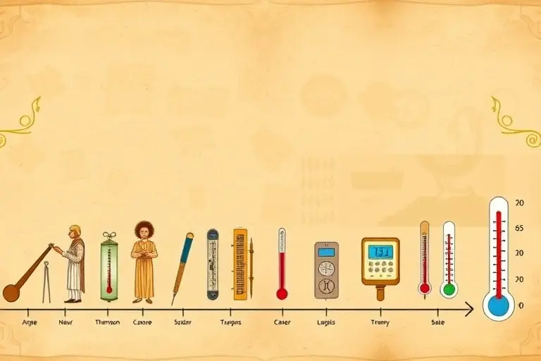 A historical timeline illustration showing the evolution of temperature measurement devices, from ancient thermoscopes to modern digital thermometers, with elegant scientific illustrations of each device in chronological order, set against a soft parchment background with subtle gradient tones, no text or labels