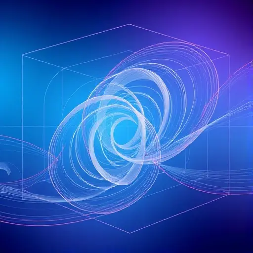 Abstract visualization of a dynamical system. Depict a multi-dimensional space with trajectories converging towards a central attractor. The trajectories should be smooth, flowing lines of varying colors, representing different states of the system. The background should be a gradient of cool colors (blues and purples) to emphasize the abstract nature of the concept. Focus on the concept of phase space reduction and attractor formation.