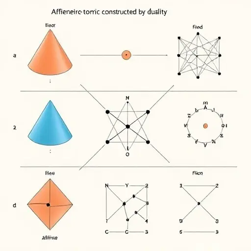 A detailed illustration of an affine toric variety constructed via duality, showing geometric shapes like cones, lattice points, and affine charts arranged in a clear diagram
