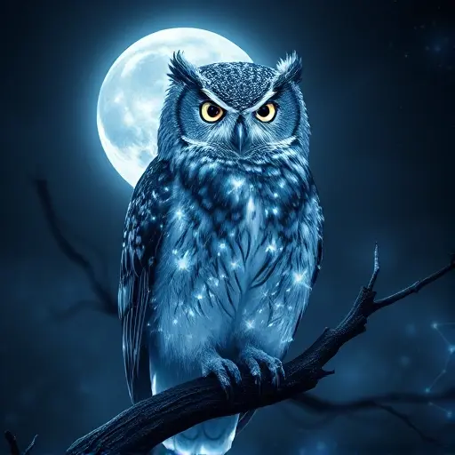 An abstract, ethereal representation of the 'Monstrous Moonlight' phenomenon in owls, featuring luminous, swirling silver-blue moonlight patterns forming intricate modular group theory symbols (like the Monster group's structure) subtly woven into the feathers and eyes of a silent, majestic owl perched on a gnarled branch under a full moon, with faint mathematical equations from Richard Borcherds' proof glowing in the air like constellations, all rendered in a delicate, high-detail, smallHQ styl