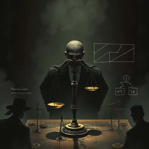 A dramatic scene representing the paradox of a mafia boss in deontological logic, showing a conflict between moral duty and criminal action, with symbolic elements like scales of justice, shadowy figures, and abstract logic diagrams, rendered in a dark, moody atmosphere