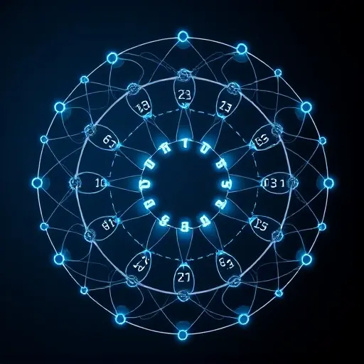 An abstract visual representation of modular arithmetic in cryptography, featuring interconnected nodes forming a circular lattice pattern symbolizing congruence classes, with glowing prime numbers and hash function symbols subtly embedded in the connections, conveying collision resistance through symmetry and complexity, no text or labels, minimalist yet intricate design, dark blue and silver color scheme with soft luminous highlights