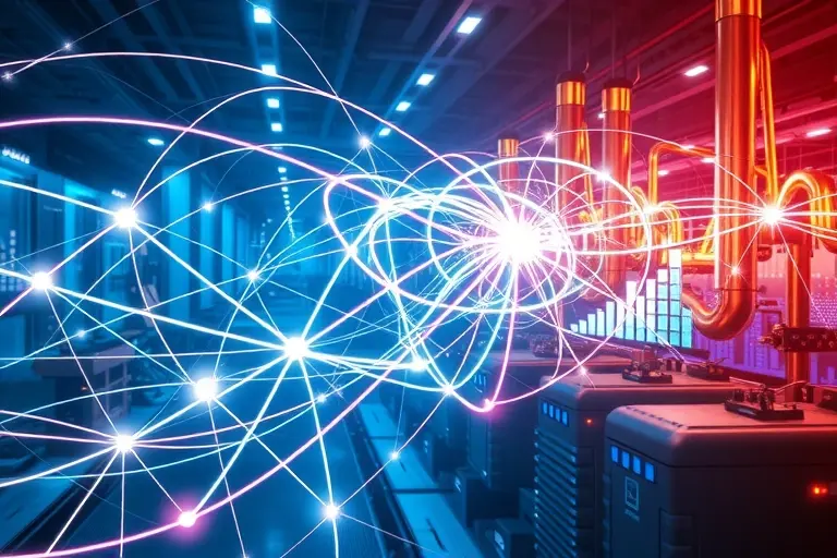 A futuristic, high‑tech scene illustrating photon‑based artificial intelligence: glowing streams of light forming intricate neural‑network patterns that intertwine with sleek, modern industrial machinery and data visualizations. The composition should convey the principles of photonic computing, its advantages like speed and energy efficiency, and its transformative impact on various industries, all rendered in a vibrant, luminous style without any textual elements.
