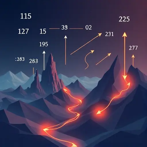 A conceptual illustration of Artin's hypothesis and primitive roots modulo a prime number, featuring a mathematical landscape with prime numbers as towering structures, arrows representing cyclic groups, and glowing paths showing the generation of residues, all in a clean, abstract, geometric style