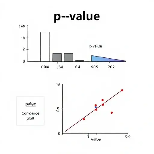 A visual representation of a p-value in statistical analysis. Depict a bar graph showing a p-value of 0.05, with a corresponding confidence interval. Include a simple scatter plot illustrating a correlation between two variables, with the p-value highlighted. The overall aesthetic should be clean and informative, suitable for a scientific presentation.