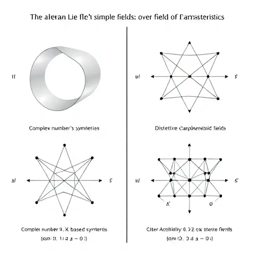 A visual comparison of simple Lie algebras over fields of different characteristics, represented as abstract geometric structures: one side showing complex number-based symmetries with smooth, continuous forms, the other side showing discrete, modular structures for positive characteristic fields, both rendered in a minimalist, mathematical style without any text or labels