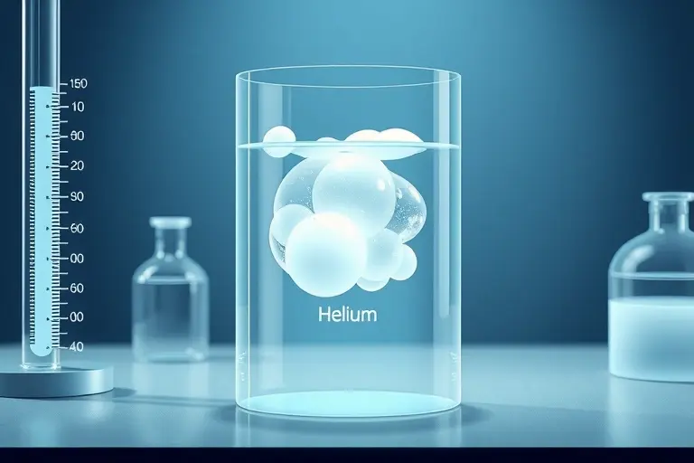 A scientific illustration showing liquid helium in a transparent container, with temperature scales and density markers, depicting the state of matter and physical properties, minimalistic lab environment, high detail, scientific accuracy