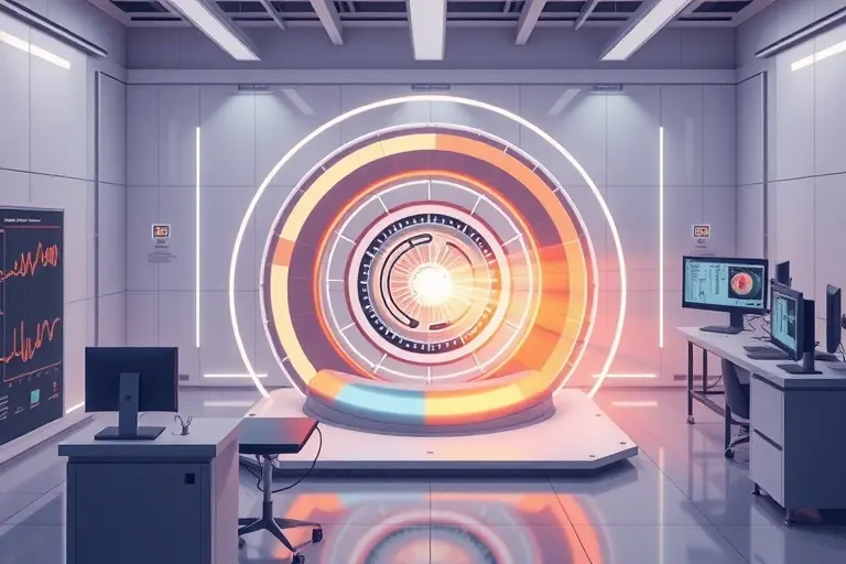 A compact desktop synchrotron radiation source in a modern laboratory setting, showing a small circular electron accelerator ring with visible electron beam path, magnetic focusing elements, and X-ray beamlines extending outward, with scientists observing data on screens nearby, clean high-tech environment, soft ambient lighting, realistic scientific illustration style