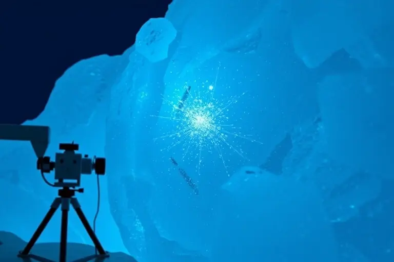 A close-up view of Antarctic ice with visible microscopic traces of stardust glowing faintly in blue and silver hues, embedded in crystalline layers, under soft polar daylight, scientific instruments like a spectrometer and ice core drill nearby, no text or labels, realistic scientific photography style