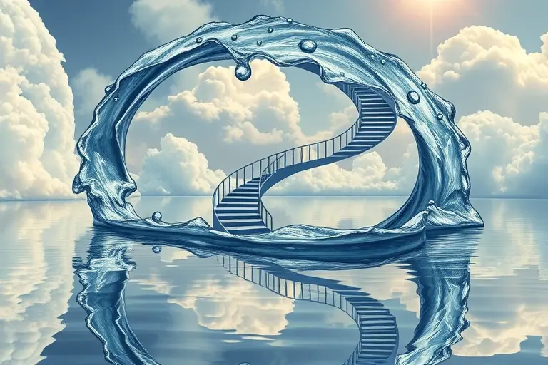 A surreal, high-detail illustration visualizing the essence of the Ricard paradox: a Möbius strip formed from flowing water that transforms into a staircase simultaneously ascending and descending, reflected in a mirror-like surface creating an infinite loop of the scene, surrounded by ethereal clouds and soft light, all rendered realistically without any text or symbols.