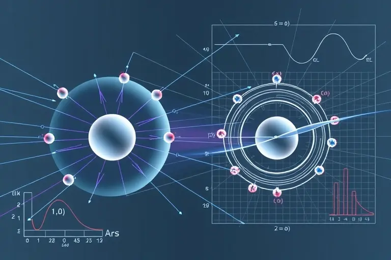 A conceptual scientific illustration depicting electromagnetic splitting of baryon masses, featuring abstract representations of quarks and gluons within protons and neutrons, with electromagnetic field lines interacting to cause subtle mass shifts, overlaid with Feynman diagrams and precision calculation symbols (like lattice QCD grids and error bars), rendered in a clean, high-tech academic style with soft glowing accents and muted blue-gray tones, suitable for a physics journal cover