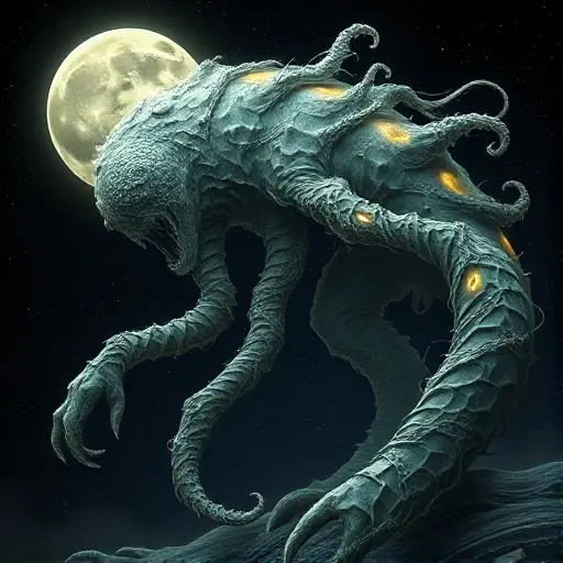 A surreal and abstract depiction of a monstrous lunar phenomenon, featuring a large, amorphous creature with glowing, ethereal features. The creature should be composed of swirling, luminous patterns that resemble the moon's surface, with craters and other lunar characteristics. The background should be a dark, starry night sky, enhancing the eerie and mysterious atmosphere. The creature's structure should be intricate and detailed, highlighting its sporadic and unpredictable nature.