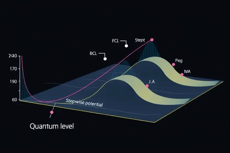 A high-quality scientific illustration showing a quantum system with a stepwise potential landscape, featuring energy levels, particles transitioning between steps, and subtle quantum wave effects, rendered in a clean technical style with precise lines and muted colors