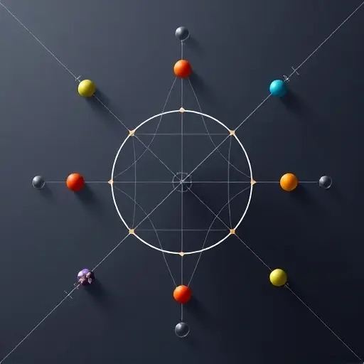 An abstract visual representation of group representation theory in quantum systems, featuring symmetry operations, Lie algebras, and quantum state transformations, with subtle hints of particle physics symbols like quarks and gauge bosons integrated into geometric patterns, all rendered in a clean, minimalist, high-detail style