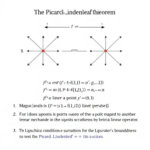 Abstract representation of the Picard-Lindenleaf theorem. Depict two sets of points, one being mapped to another by a linear operator. Highlight the concept of compactness and the role of the Lipschitz condition in ensuring the operator's boundedness. Use geometric shapes and visual cues to represent the mathematical concepts.