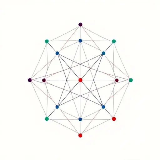 An abstract representation of the algebraic structure of octonions, showcasing their non-associative nature. Visualize the octonions as interconnected geometric shapes or multidimensional vectors, emphasizing their complex relationships and the lack of associativity through dynamic, non-linear connections. Use a color scheme that highlights the different dimensions and operations involved in octonion multiplication.