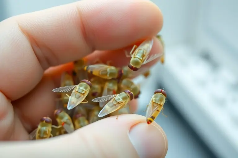 A close-up, detailed image of sterile insects (e.g., fruit flies) being handled in a laboratory setting. The insects should be pale and appear healthy. Focus on the delicate nature of the insects and the sterile environment.