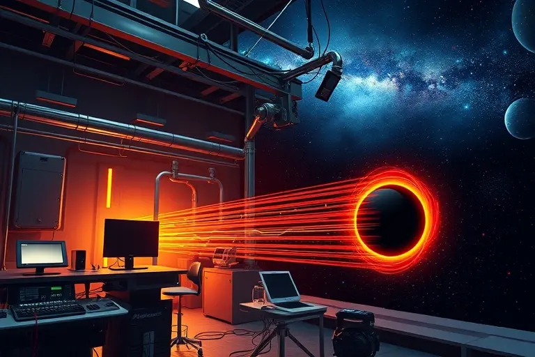 A detailed scientific illustration showing a high-tech laboratory where scientists are modeling Hawking radiation using advanced equipment, alongside a visual representation of a black hole emitting faint quantum particles. In the background, a deep space scene with distant stars and a faint glow of cosmic microwave background, highlighting the challenges of detecting subtle quantum effects far from Earth. The composition emphasizes complex instrumentation, glowing particle trails, and the vastn