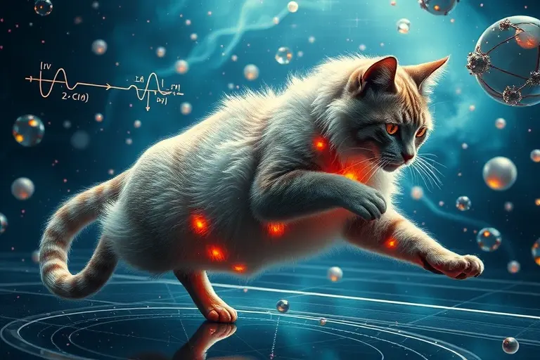 A surreal, hyper-detailed illustration of a giant cat (Mega-Cat Schrödinger) simultaneously alive and dead, floating in a quantum superposition state, with half-transparent glowing fur showing both vibrant life and ethereal decay, set against a cosmic laboratory backdrop filled with floating quantum particles, wavefunction diagrams, and delicate interference patterns, symbolizing the breakthrough in macroscopic quantum measurement; soft volumetric lighting, cinematic depth, ultra-high detail, 8K