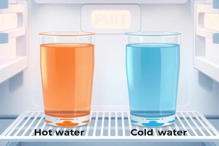 Two identical containers with water, one hot and one cold, placed in a freezer; the hot water freezes faster than the cold water, illustrating the Mpemba effect, realistic scientific illustration, no text, no labels