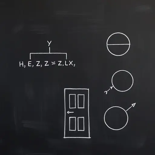 A minimalist blackboard with chalk drawings of a branching tree diagram representing logical statements, a crossed-out '¬' symbol over a closed door, and abstract geometric shapes suggesting constructive mathematics, all in a clean, educational style