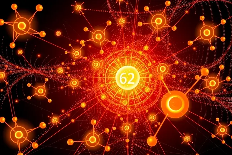 A high-quality scientific illustration showing abstract concepts of nuclear physics with magical numbers, featuring glowing atomic nuclei, subtle mathematical patterns, and symbolic representations of discovery, in the style of HQ-768-512-h