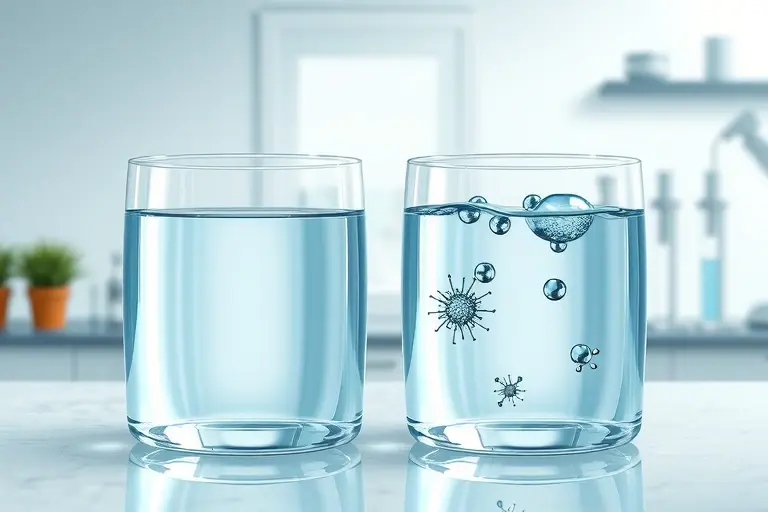 A highly detailed scientific illustration showing liquid water existing in two distinct phases side by side, with clear visual differentiation between the phases, subtle molecular structures, and a clean laboratory setting background