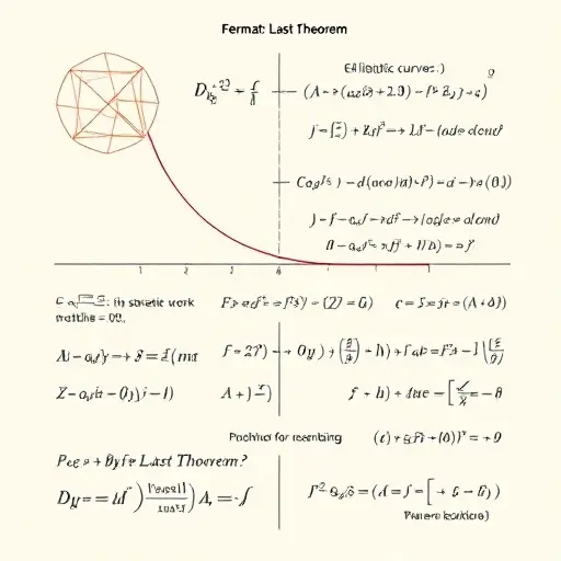A scholarly illustration of a mathematical proof concept showing Andrew Wiles' proof of Fermat's Last Theorem and its synthesis, featuring elegant geometric shapes like an elliptic curve, symbolic equations, and abstract representations of mathematical ideas, all rendered in a clean, minimalist academic style
