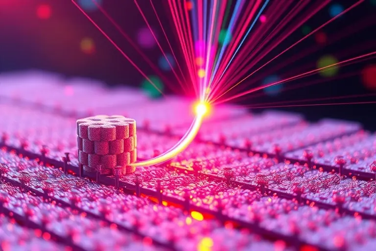 A high‑resolution scientific illustration showing a photonic hook—a curved beam of light bending sharply at sub‑wavelength scale—emerging from a nanoscale dielectric particle or metasurface. The scene includes detailed nanophotonic structures such as waveguides, nano‑antennas, and a substrate, with vivid colors highlighting the light path and the surrounding electromagnetic field lines, emphasizing the concept of sub‑wavelength curvature and potential applications in nanophotonics. The compositi