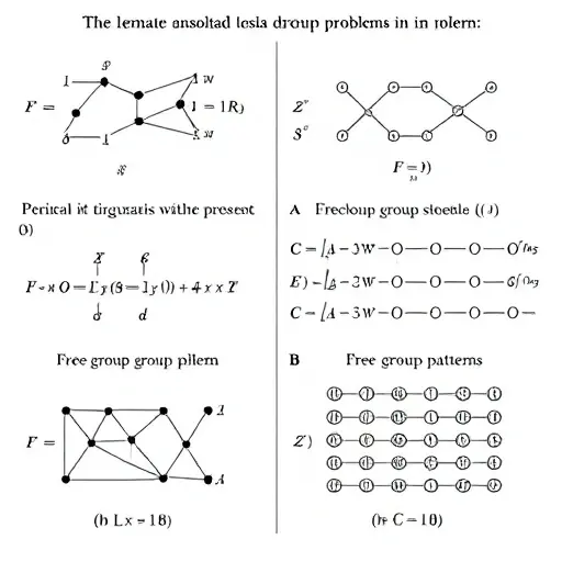 A scholarly illustration of a complex mathematical concept involving unsolvable problems in group theory, featuring abstract algebraic structures, periodic group diagrams, and free group elements with periodic patterns, rendered in a clean academic style with precise line work and symbolic notation