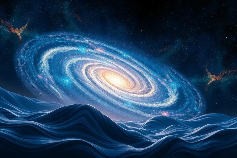 A cosmic landscape depicting the vastness of the universe with swirling galaxies and nebulas. The image should convey the concept of the universe's hum and low-frequency gravitational waves through abstract, wavy patterns and subtle ripples in the cosmic fabric. The colors should be deep blues, purples, and blacks, with hints of gold and silver to represent the cosmic energy.