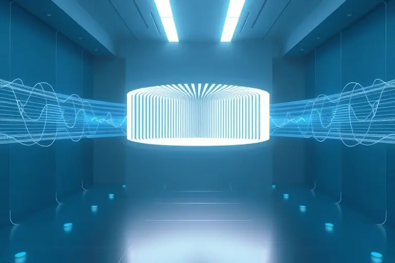A futuristic laboratory scene showing a metamaterial structure bending light with negative refraction, surrounded by glowing electromagnetic waves and subtle scientific diagrams of wave propagation, all rendered in a sleek, high-tech aesthetic with soft blue and silver tones, emphasizing invisibility and advanced physics