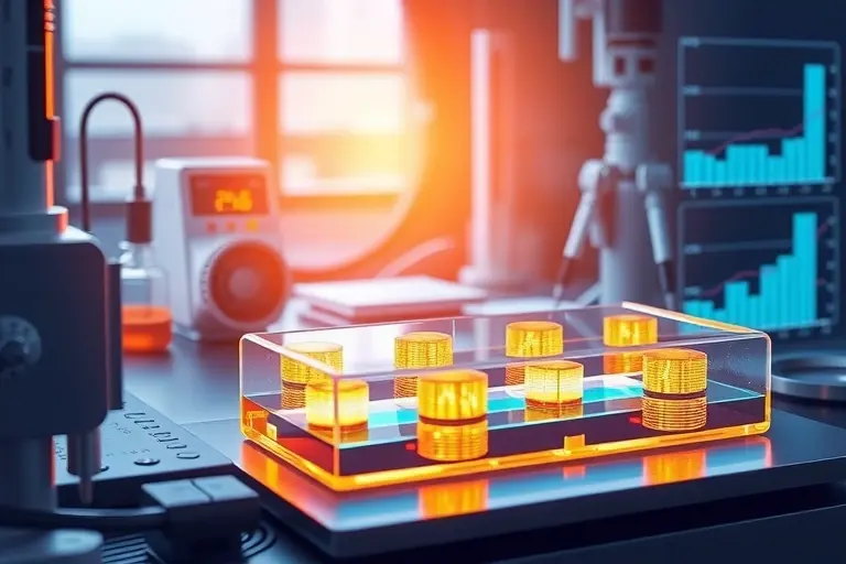 A high-quality scientific illustration of perovskite solar cells as an alternative to silicon photovoltaic panels, showing a laboratory setting with transparent perovskite layers on glass substrates, glowing with vibrant colors representing high efficiency, surrounded by measurement instruments and data graphs, clean and modern visual style