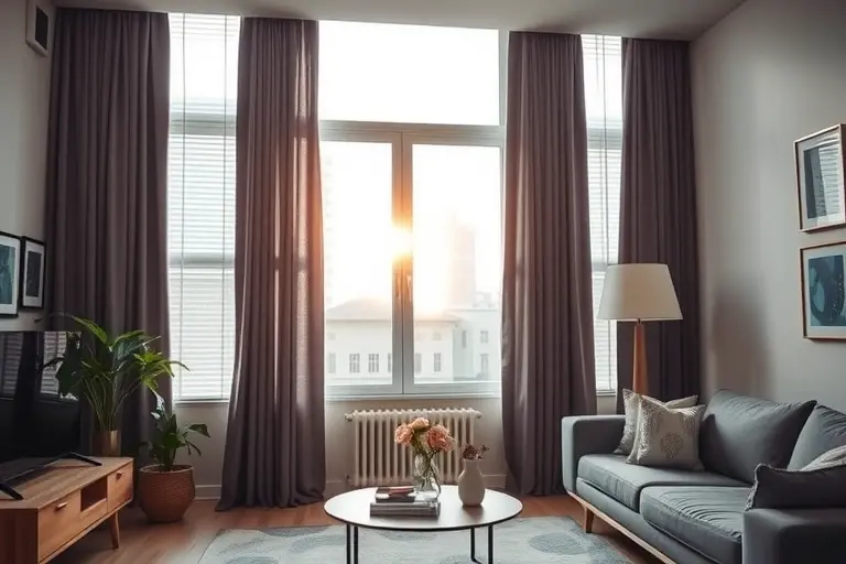 A modern apartment interior during hot summer day, with closed light-reflecting blinds and heavy blackout curtains blocking direct sunlight through large windows, cool neutral tones, soft ambient lighting, no people, no text, no digital devices