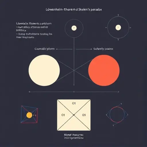 A visual representation of the Löwenheim-Skolem theorem and Skolem's paradox, featuring abstract geometric shapes and symbols to illustrate the concepts of countable and uncountable infinities, model theory, and the relationship between mathematical structures and their interpretations. Use a minimalist and abstract style to convey the complexity and paradoxical nature of these ideas.
