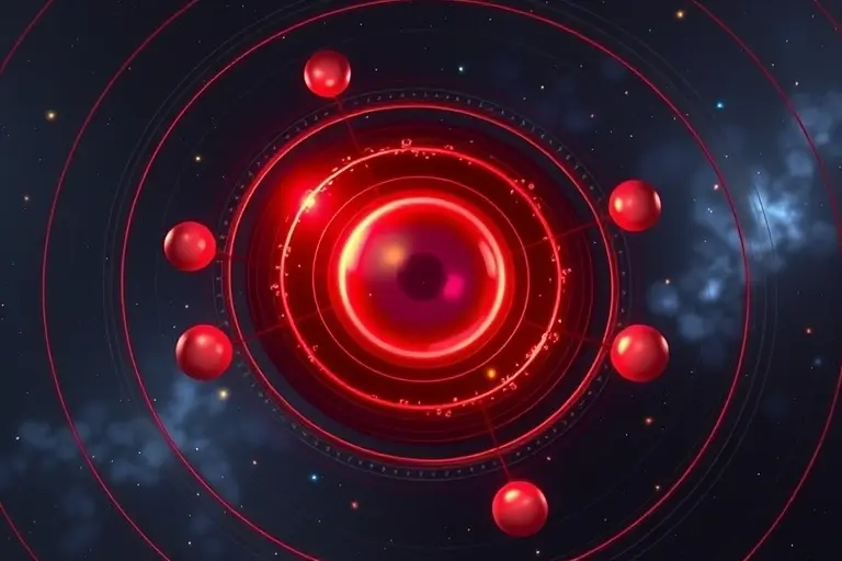 A scientific illustration of quantum nuclear interactions showing energy shells around a nucleus, with spherical layers representing proton and neutron orbitals, abstract quantum particles interacting in a symmetrical pattern, glowing energy fields, deep space background with subtle particle trails, no text, no labels, no numbers