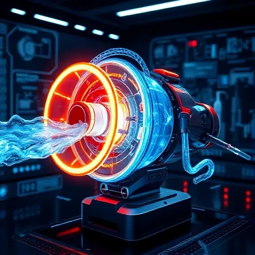 A futuristic gadget that appears to break the laws of physics, featuring a glowing hydro-powered turbine device with swirling water streams and luminous energy fields, set against a dark high-tech laboratory background with floating holographic schematics and neon accents, rendered in a compact high-quality (smallHQ) style with sharp details and vibrant colors