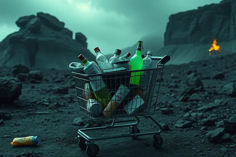 A surreal image depicting a shopping cart overflowing with various items, some glowing with an unnatural green light. The background should be a desolate, rocky landscape with hints of volcanic activity. The overall mood should be unsettling and mysterious.